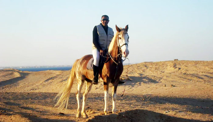Beginner riding lesson in the arena